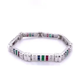 12 carat Diamond, Ruby, Emerald and Sapphire 18K White Gold Bracelet