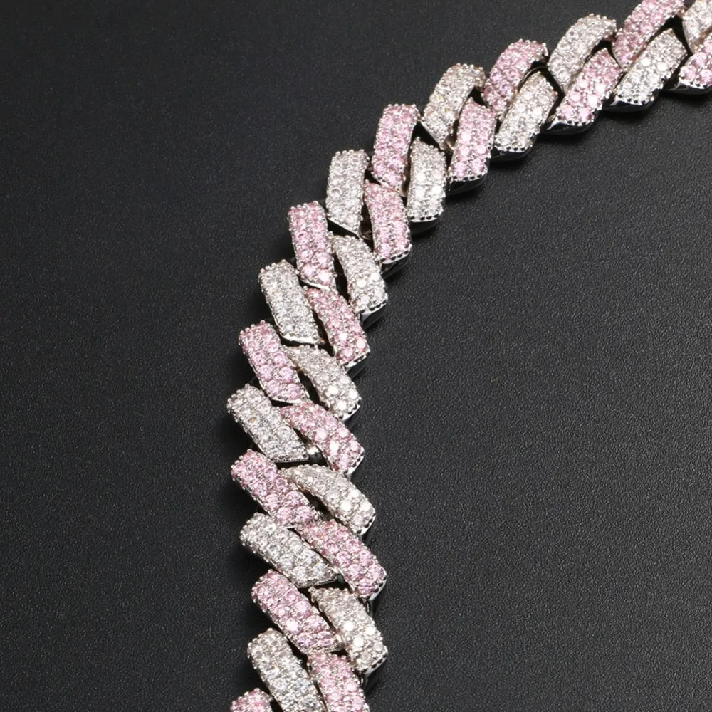 13mm Cuban Chain Bracelet Hip Hop Jewelry- 3 Row Rhinestones Iced Out Pink Silver Bracelet