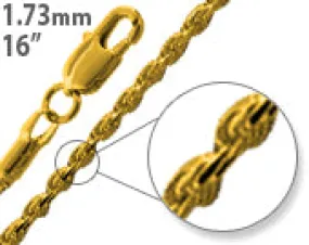 14K Gold Plated 16" Rope Brass Chain Necklace 1.73mm