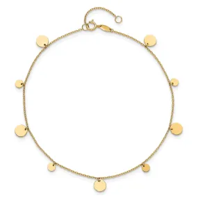 14K Real Solid Yellow Gold High Polished Circles Charm 9" to 10" Adjustable Anklet