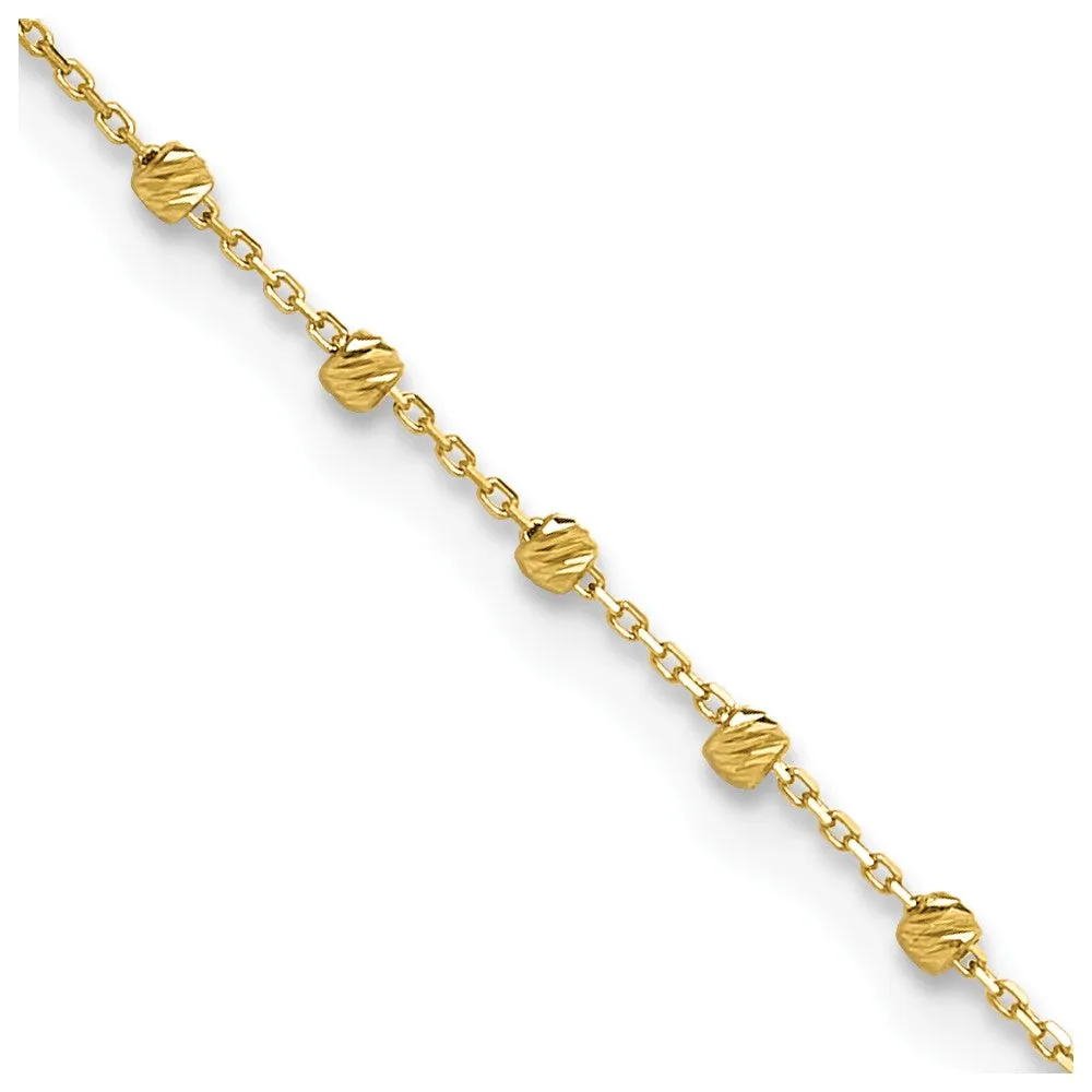 14k Real Yellow Gold High Polished Diamond-cut Beaded Charm 9 to 9.75 Inch Adjustable  Anklet