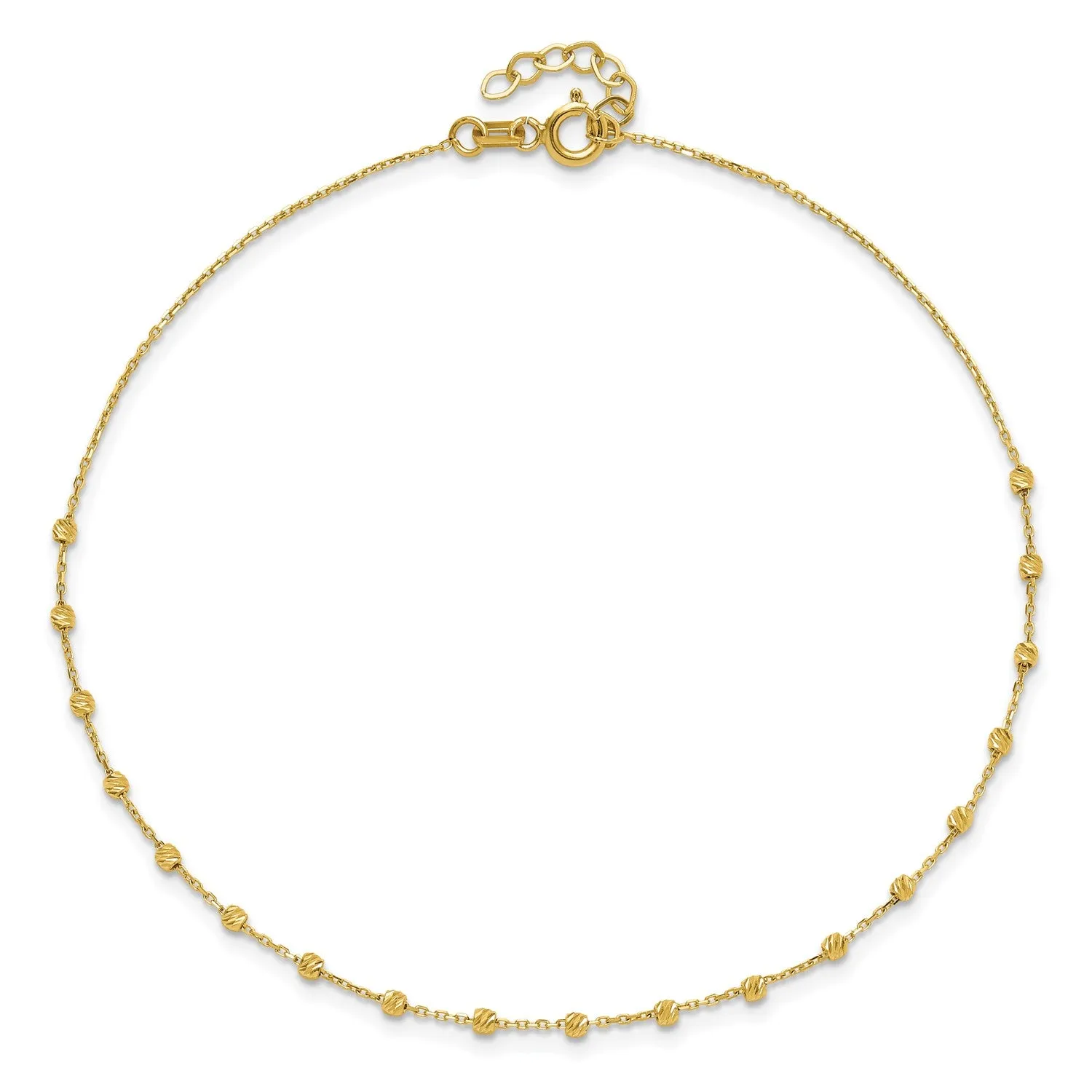 14k Real Yellow Gold High Polished Diamond-cut Beaded Charm 9 to 9.75 Inch Adjustable  Anklet