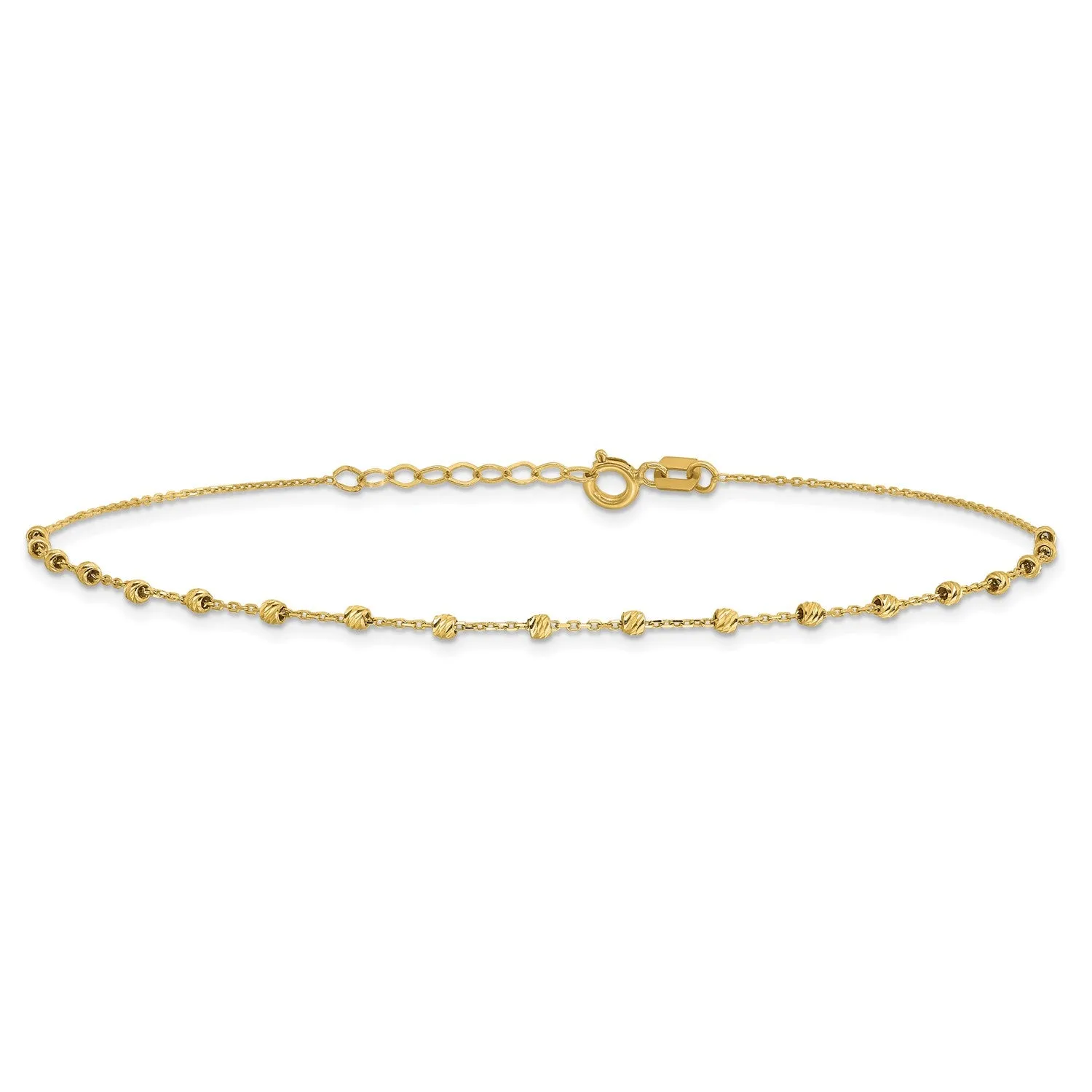 14k Real Yellow Gold High Polished Diamond-cut Beaded Charm 9 to 9.75 Inch Adjustable  Anklet