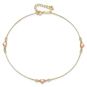 14k Tri-Color Gold Puffed Heart Charms Anklet, Adjustable 9" to 10"