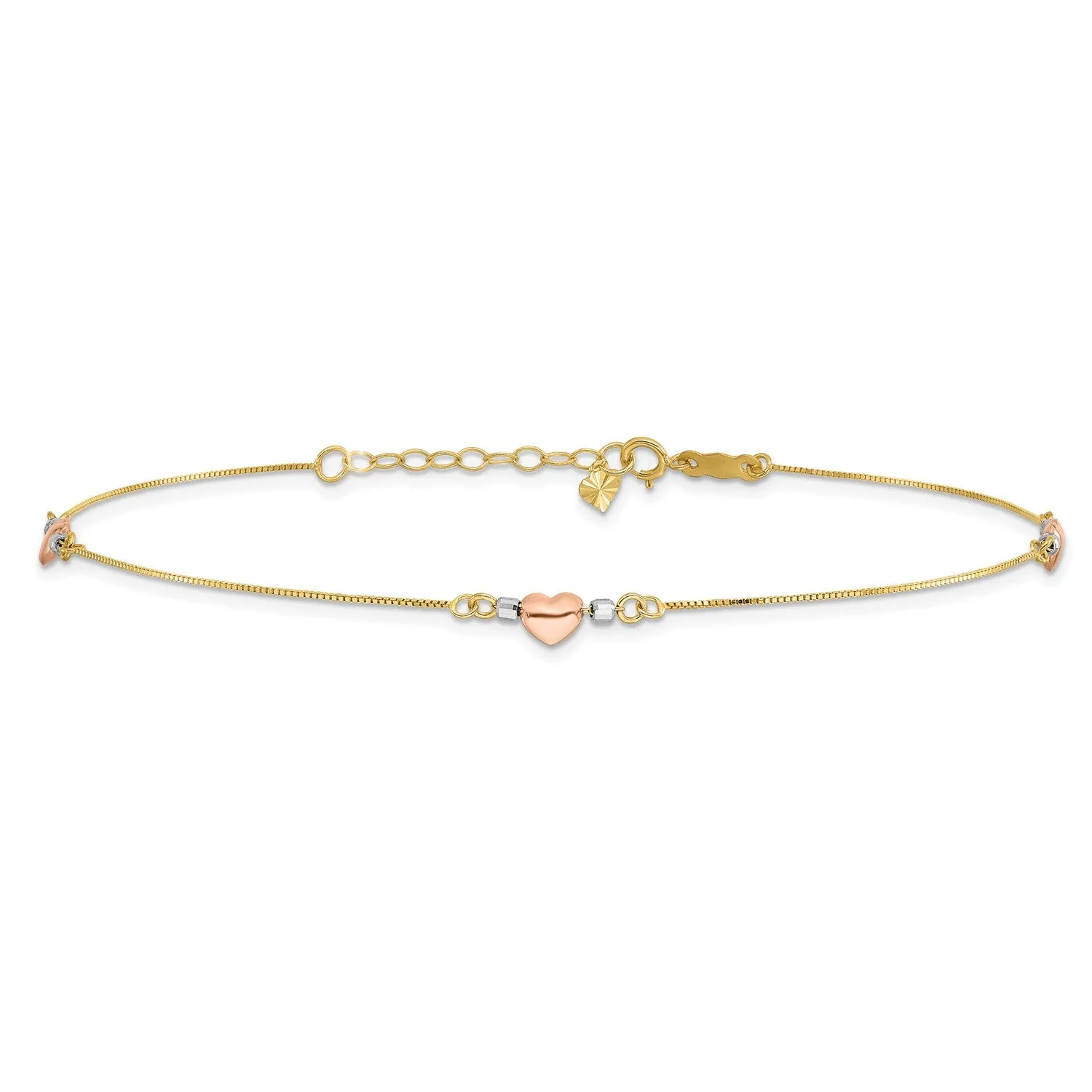 14k Tri-Color Gold Puffed Heart Charms Anklet, Adjustable 9" to 10"