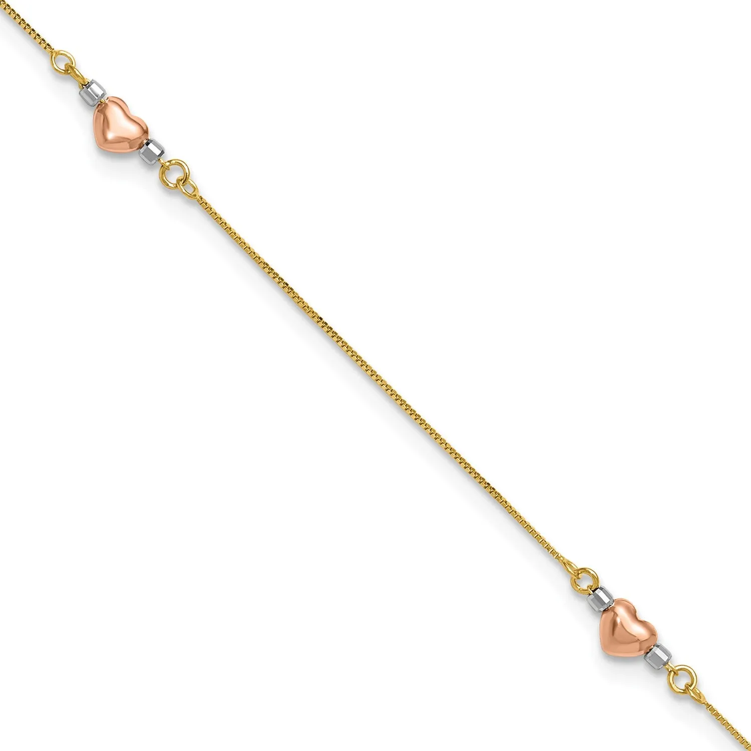 14k Tri-Color Gold Puffed Heart Charms Anklet, Adjustable 9" to 10"