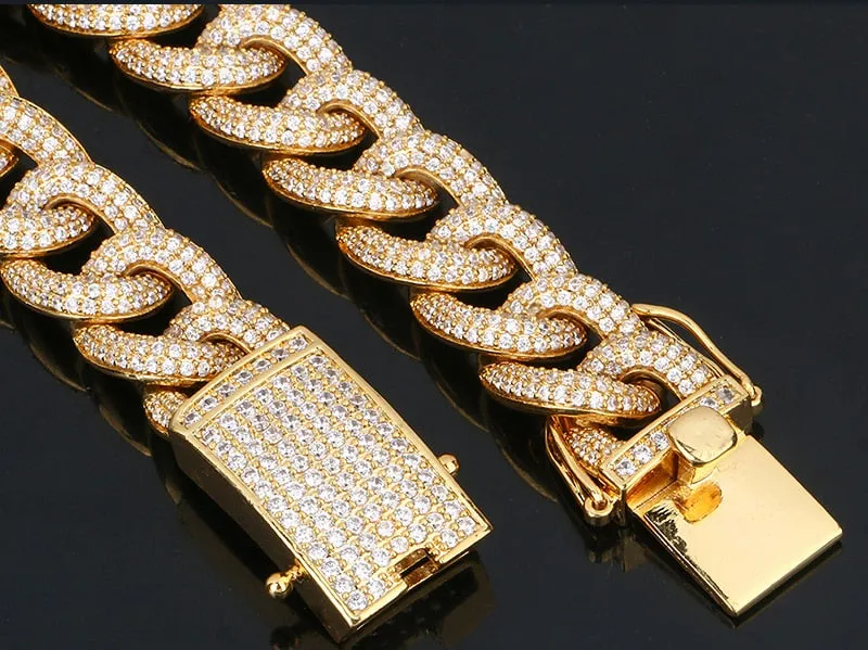 18K Gold Plated 14mm Thick AAA Micro Pave Bracelet- Miami Crystal Curb Cuban Link Chain Bracelet