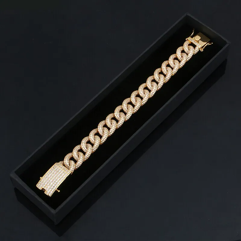 18K Gold Plated 14mm Thick AAA Micro Pave Bracelet- Miami Crystal Curb Cuban Link Chain Bracelet