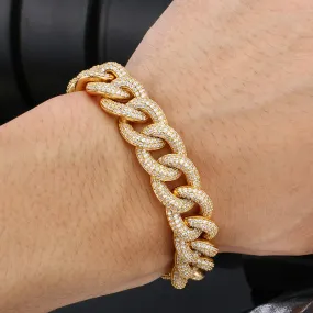 18K Gold Plated 14mm Thick AAA Micro Pave Bracelet- Miami Crystal Curb Cuban Link Chain Bracelet