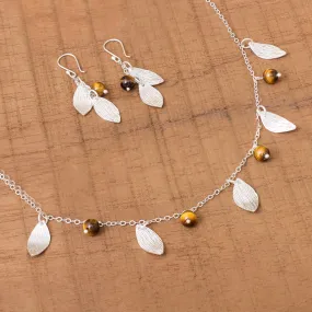 Acorns and Leaves Sterling Silver Leaves Tiger's Eye Necklace and Earrings Set