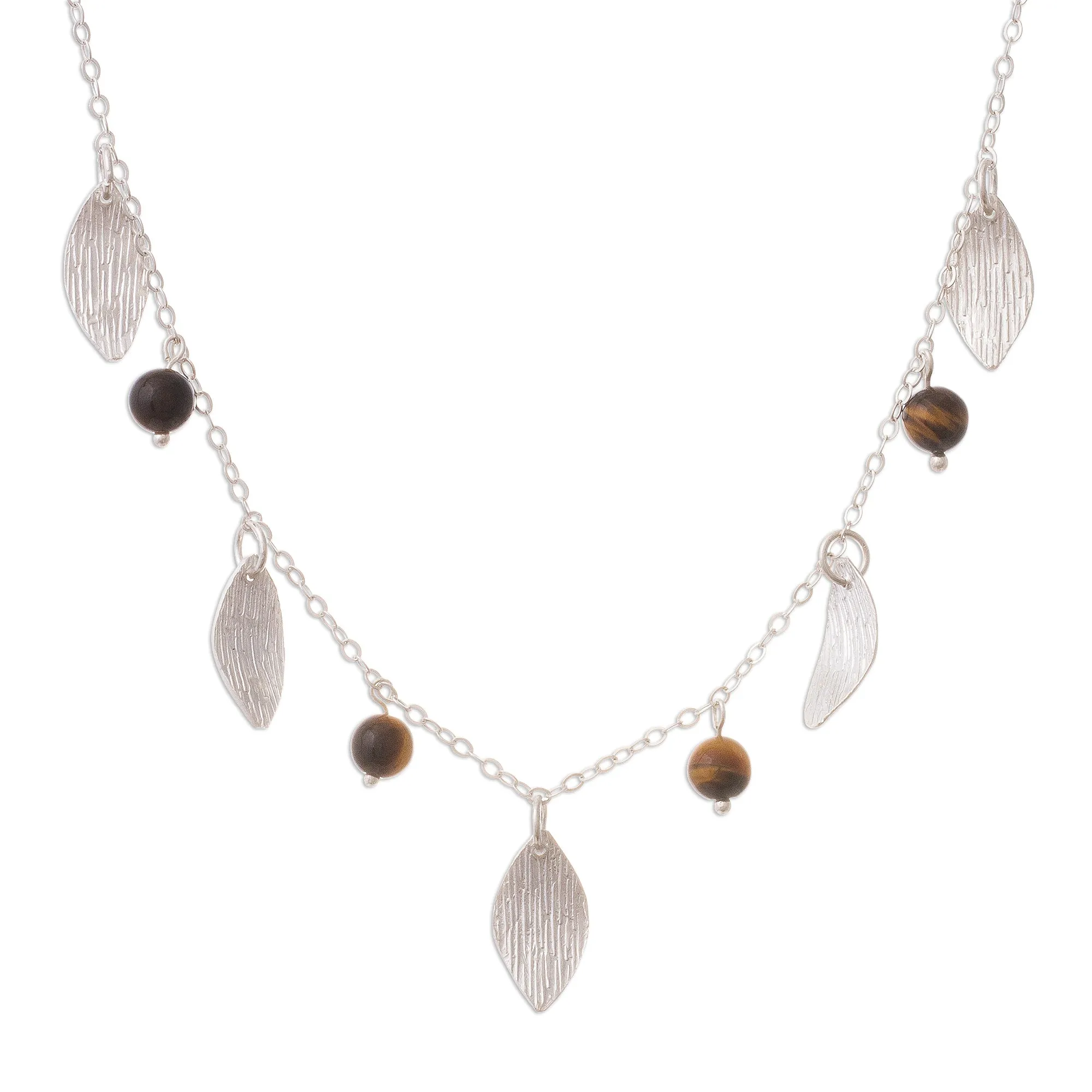 Acorns and Leaves Sterling Silver Leaves Tiger's Eye Necklace and Earrings Set