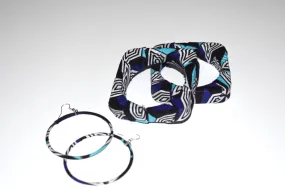 African Bracelet and Earrings Set White/Black/Dark and Light Blue