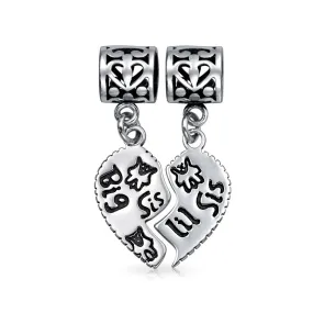 BFF Friend Puzzle 2PC Split Heart Dangle Bead Charm Sterling Silver