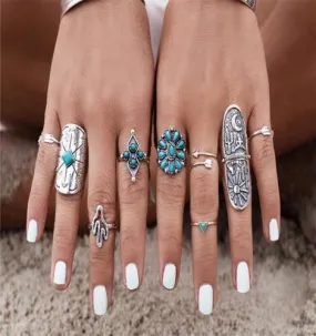 Boho Stacking Rings 9 Pc. Set Silver Turquoise Long Shield Cactus Arrows Gypsy Wanderer