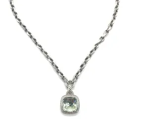 David Yurman Sterling Silver Green Topaz and Diamond Halo Necklace