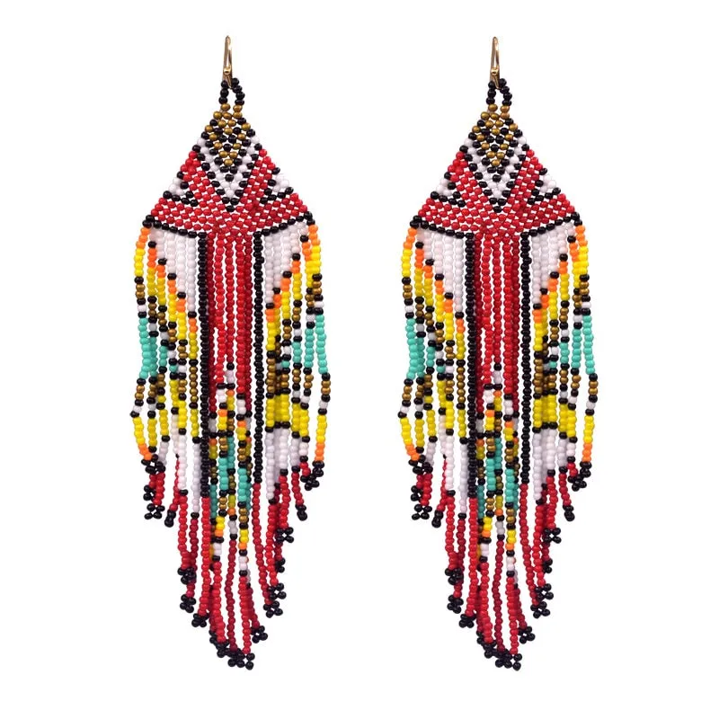 Indian Seed Bead Long Dangle Earrings 4 Different Colors You Choose Boho Tribal Beaded Statement Earrings