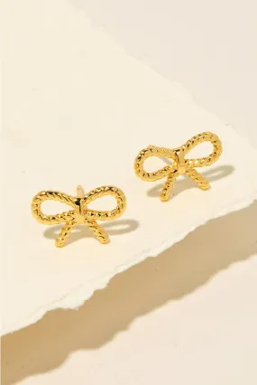 Rope Ribbon Bow Stud Earrings - Gold